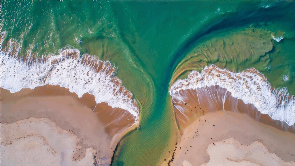 The aerial view of the mouth of the Sierpe River as it meets the sea, where freshwater mixes with saltwater, carrying sediment, produces incredible images of the Pacific coast.
